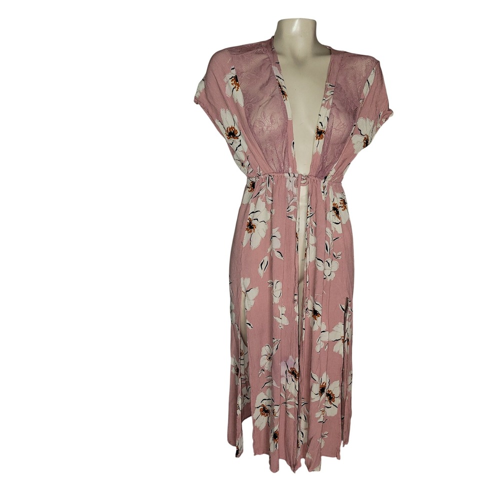 Liberty Love Pink Floral‎ Lace Duster Cardigan Small Mauve Open Front Drawstring